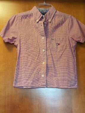 Tommy Hilfiger Red and White Micro-Plaid Shirt with Flag Logo